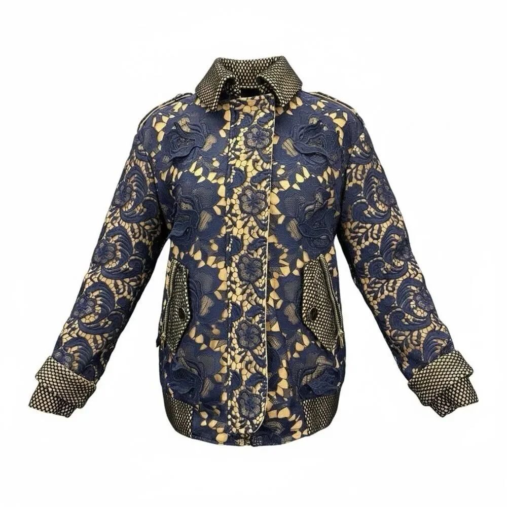 Self Portrait Navy Lace Embroidered Jacket US 8 | 3D Floral Textured Coat